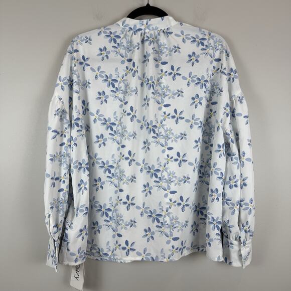 Dazy Floral Top Women Small White Blue Long Peasant Sleeve Button Up Cottagecore - Picture 6 of 8